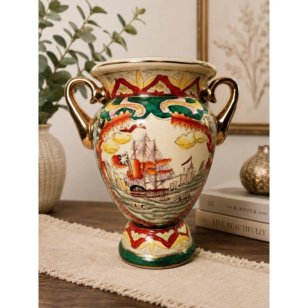 Vintage Asian Style Ceramic Double Handle Urn Vase Ship Motif Gold Trim 10”
